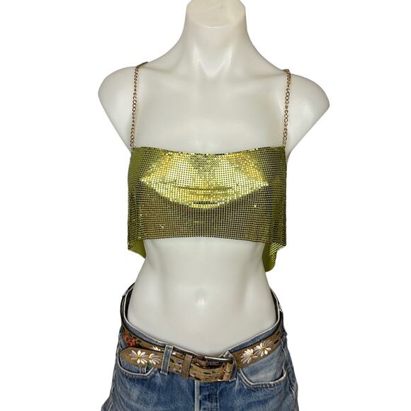 Lovers + Friends Metallic Green Chainmail Crop Top MEDIUM Iridescent Coachella - Picture 4 of 9